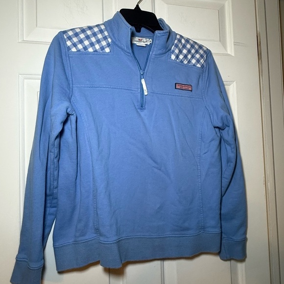 Vineyard Vines Tops - Vineyard Vines Woman’s Light Blue 1/4 Zip Sweatshirt Plaid Accent Medium Cotton